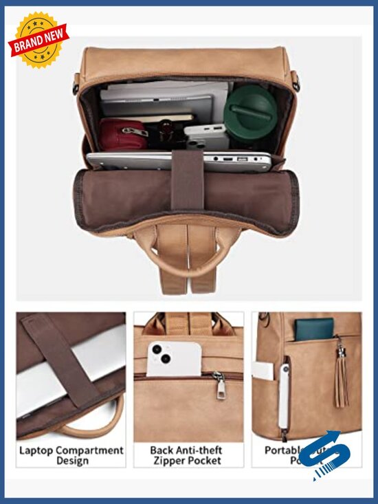 Leather Laptop Backpack 15.6 inch PU Ladies Travel Work Bag Convertible main image 3